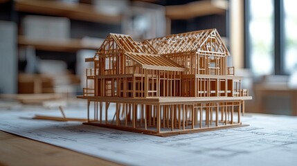 Wooden frame house model under construction with blueprint, symbolizing real estate development, housing projects, and construction planning.