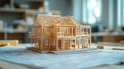 Wooden frame house model under construction with blueprint, symbolizing real estate development, housing projects, and construction planning.