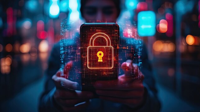 User with mobile phone and digital padlock for network security, representing online privacy, data encryption, and digital safety. - Powered by Adobe