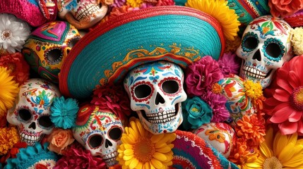 A vibrant display of decorative skulls and flowers symbolizing the Day of the Dead, rich in tradition and culture, celebrating life and honoring loved ones through art.