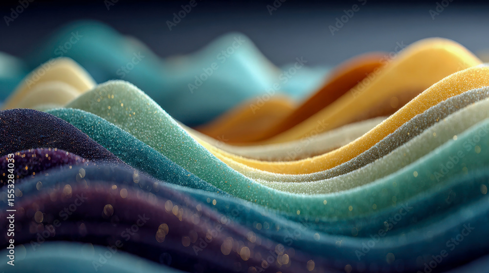 Poster abstract macro view of layered, colorful fabric textures resembling soft waves in a vivid, multicolo