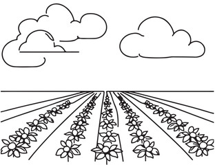 Farm field landscape sketch. Hand drawn silhouette