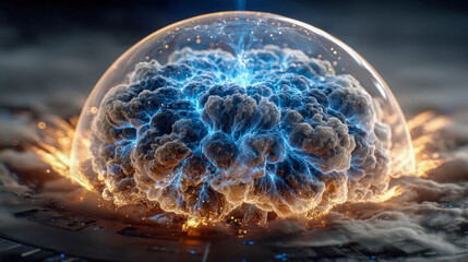 A glowing blue nuclear fusion reaction encapsulated within a transparent dome, radiating electric energy and sparks across a high-tech surface