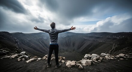 Obraz premium Man with arms outstretched embracing a vast volcanic crater under a dramatic stormy sky symbolizing freedom adventure and achievement
