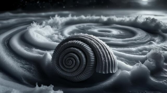 Moonlit beach with ammonite shell in swirling foam
