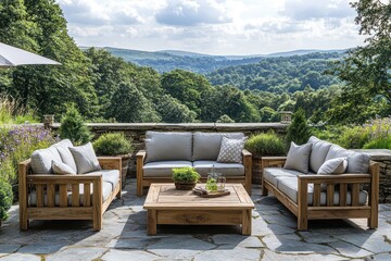 Fototapeta premium Outdoor Wooden Furniture Set with Umbrella on Stone Patio