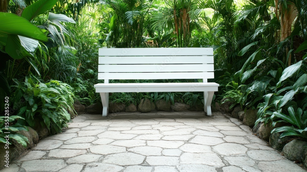 Poster this image showcases a minimalist white bench surrounded by dense green plants, creating a tranquil 