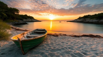 A tranquil scene featuring an old green boat resting on the sandy shore as the sun sets over the horizon, illuminating the water and creating a serene atmosphere.