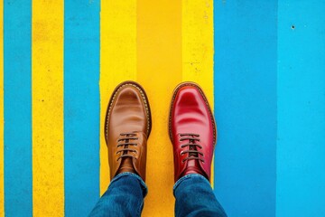 Two shoes, one brown and one red, are standing on a blue and yellow line. Two shoes one brown and one red are standing on a blue and yellow striped background.