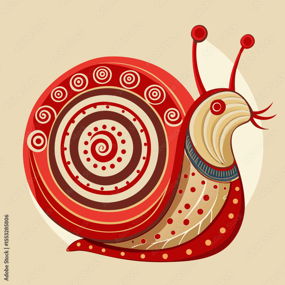 Poster stylized red snail with decorative swirls and dots on a light background