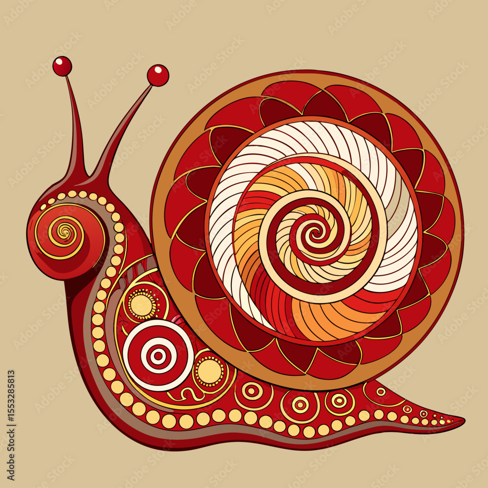 Poster stylized red snail with intricate spiral patterns and decorative details