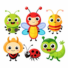 Fototapeta premium Collection of cute cartoon insects including a ladybug bee caterpillar and more