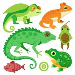 Naklejka premium Collection of cute cartoon reptiles and amphibians with a fish