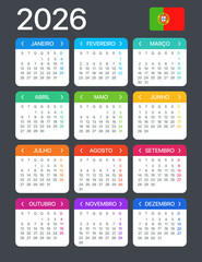 2026 Calendar - vector template graphic illustration - Portuguese version