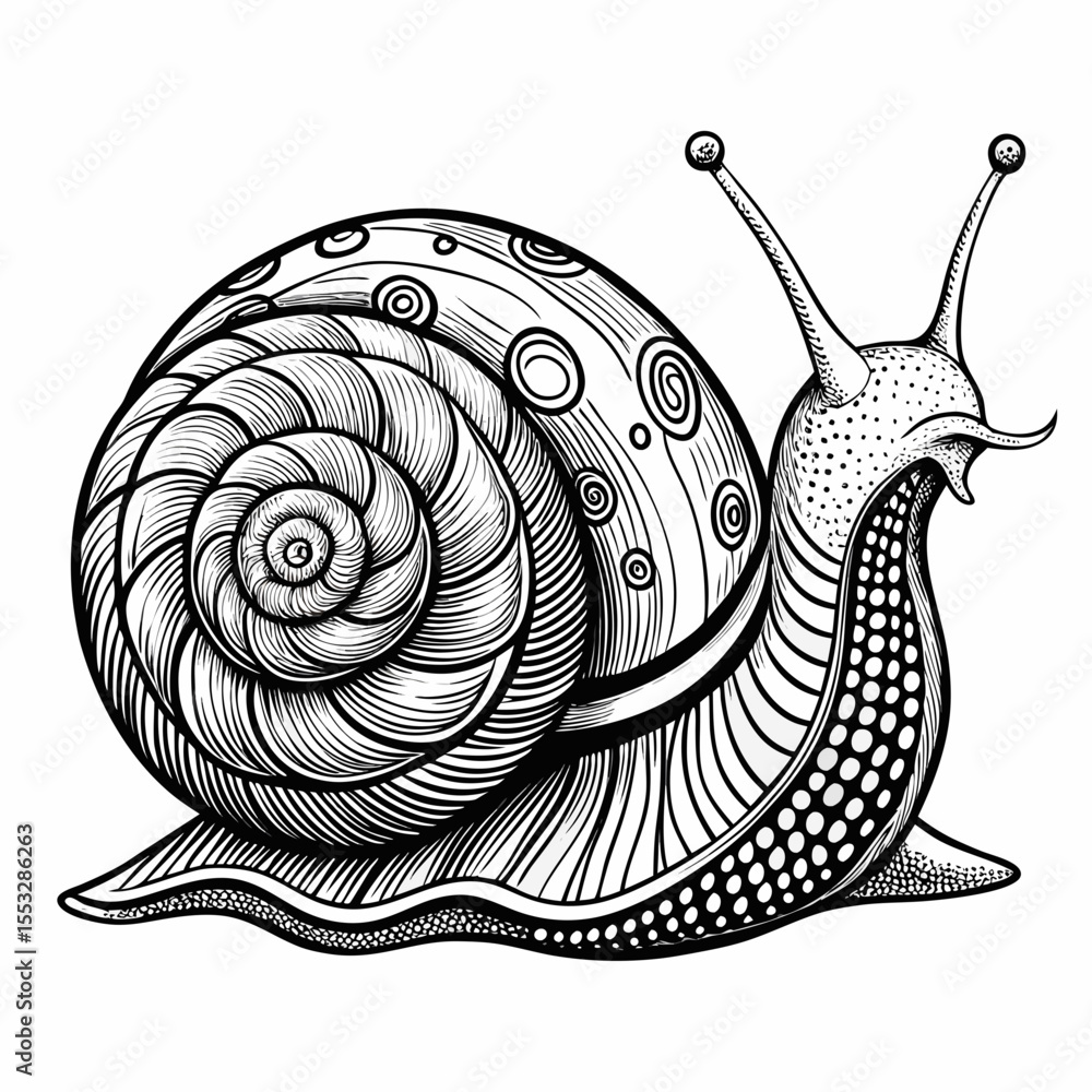 Poster intricate black and white line art drawing of a detailed snail with a patterned shell
