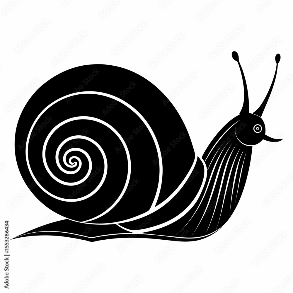 Poster stylized black snail with a swirling shell and elegant lines on a white background