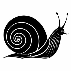 Stylized black snail with a swirling shell and elegant lines on a white background