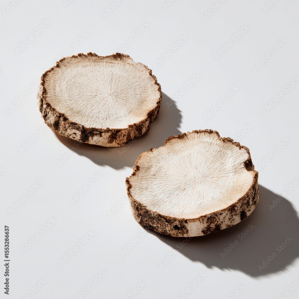 Poster two birch tree slices casting shadows on a white surface creating a minimalist still life scene
