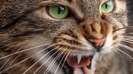 Close-up of an intense tabby cat with fierce expression and bared fangs