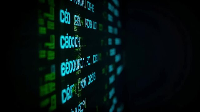 Stock market data tickers glow in an electronic display showing finance information for trading