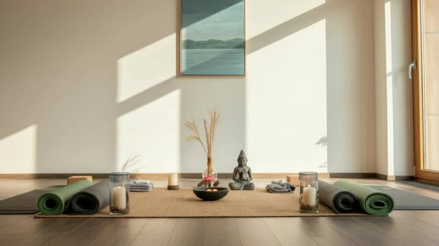 Peaceful yoga and meditation room with mats candles