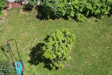 Tondeuse dans un jardin vue de haut