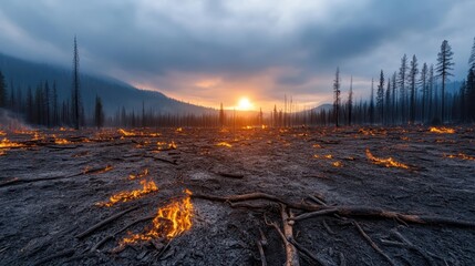 A dramatic landscape shows a scorched earth from a recent forest fire, with smoldering remains silhouetted against a vibrant sunset, capturing the impact of nature's fury and resilience.