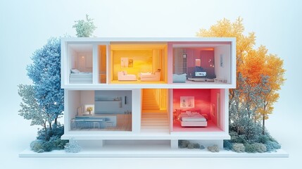 Colorful two story modern house model among trees with different interior design styles and colors