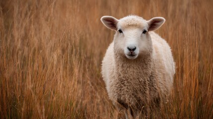Fototapeta premium Close-up of a sheep in a golden grassy field during autumn