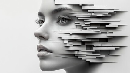 Beautiful woman face in modern abstraction style black and white art portrait with geometric shapes elegant style