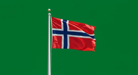 Naklejka premium Norway's Flag Waves Proudly Against a Vibrant Green Sky
