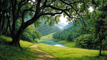 Obraz premium Tranquil River Valley Landscape Lush Green Foliage, Sunlight Dappled Path