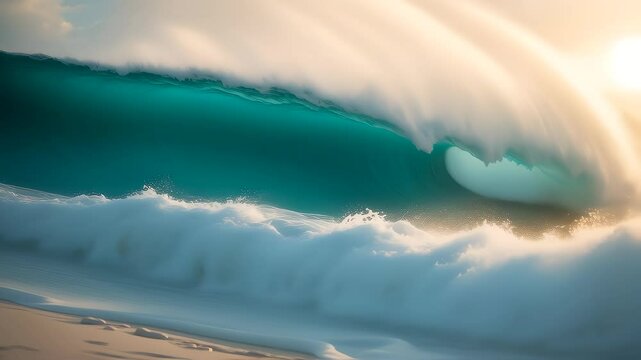 Barreling ocean wave collapses into whitewater
