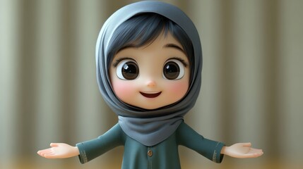 Adorable Cartoon Girl Wearing Hijab with Open Arms Showing Warmth and Invitation in Digital Art
