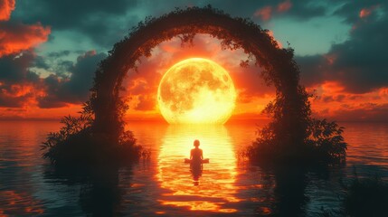Serene Meditation Silhouette Against a Dramatic Sunset Reflection in Water with Archway Trees and Moon Glow
