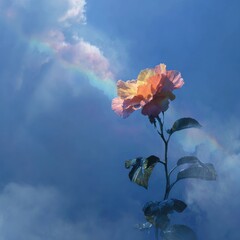 Ethereal orange blossom against a gradient cloudscape with vibrant rainbow light and mystical ambient background