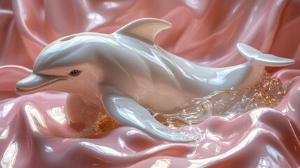 Elegant white dolphin figurine resting upon a pink satin backdrop beautiful marine life art piece delicate