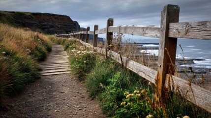 Rustic coastal path along clifftop with wooden fence and scenic ocean view