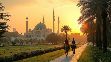 Scenic equestrian ride at dawn with a splendid mosque against a golden sky in a peaceful park retreat