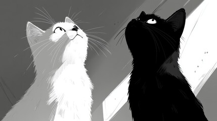 Whimsical Feline Duo Animated Pets Illustrative Harmony of Black and White Cats Looking Upward Charm