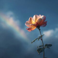 Radiant rose blossom under sunlit sky with a magical rainbow creates a dreamlike scenery