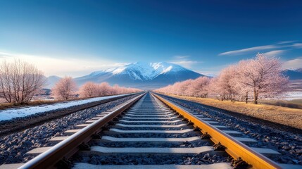 Fototapeta premium A stunning scene showing railway tracks stretching towards a majestic snow-covered mountain, flanked by blossoming trees that evoke a sense of adventure and nature's beauty.