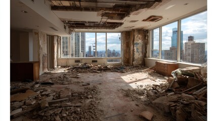 An abandoned room with demolition debris in an urban high-rise building