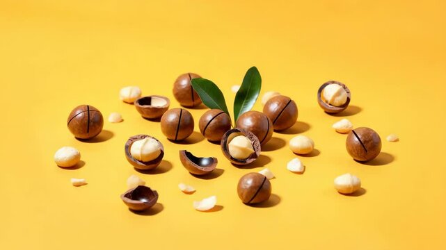 Shelled and unshelled macadamia nuts on orange background