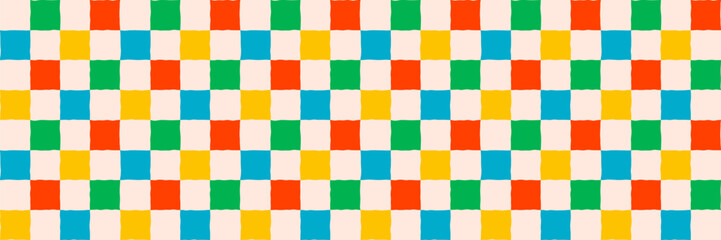 Colorful checker pattern background with red, green, yellow, blue squares. Retro seamless vector background for kids decor, wrapping paper, fabric. Drag to swatches panel to use