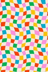 Green and pink wavy checker pattern backgrounds or posters. Seamless retro psychedelic vector for wrapping paper, or fun branding. Drag to swatches panel to use