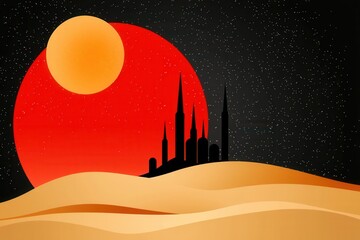 Futuristic City Silhouette on Desert Under Red Planet at Sunset