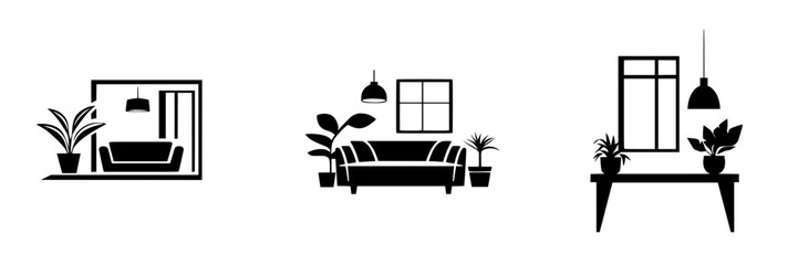 Fototapeta premium Set of black icons depicting modern interior design elements including plants, furniture, and lighting in minimalist style