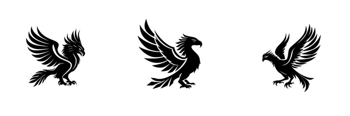 Obraz premium Black icon set featuring stylized black birds with detailed wings, designed for creative projects or graphic design needs