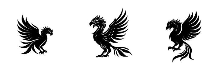 Black icons depicting stylized mythical creatures with wings, showcasing various poses and features in a detailed design